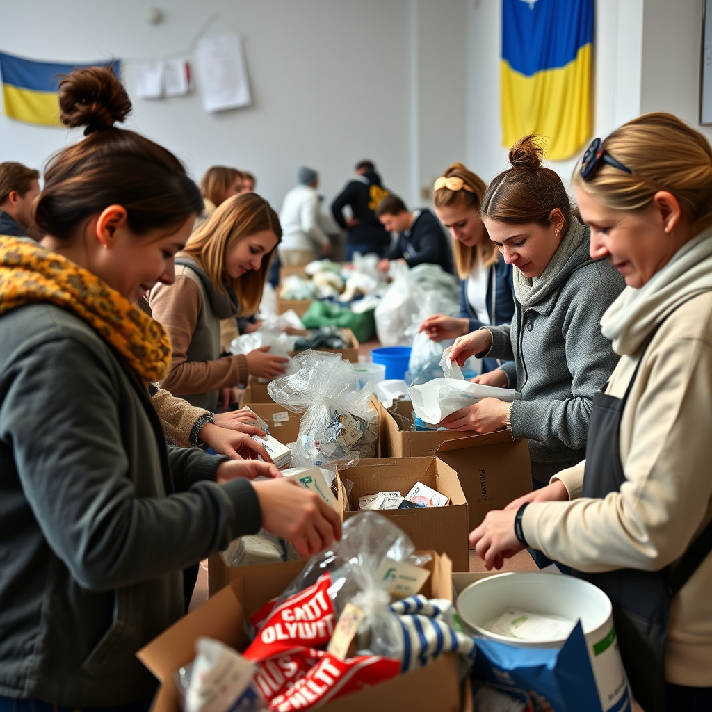 Волонтери різного віку працюють разом у центрі допомоги, пакують речі для біженців, на задньому плані видно українські символи та прапори