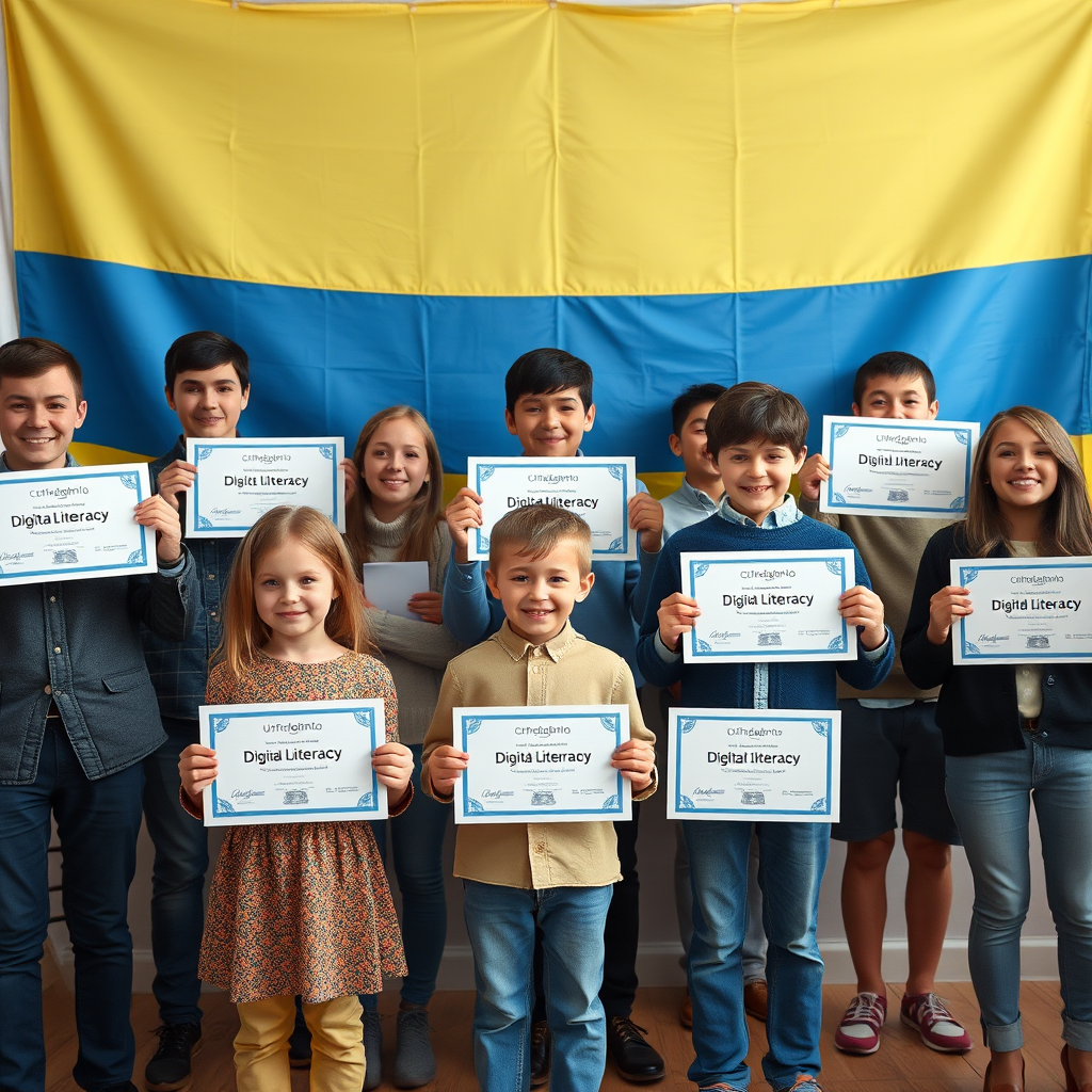 Успішні випускники курсів цифрової грамотності різного віку тримають сертифікати на фоні українського прапора